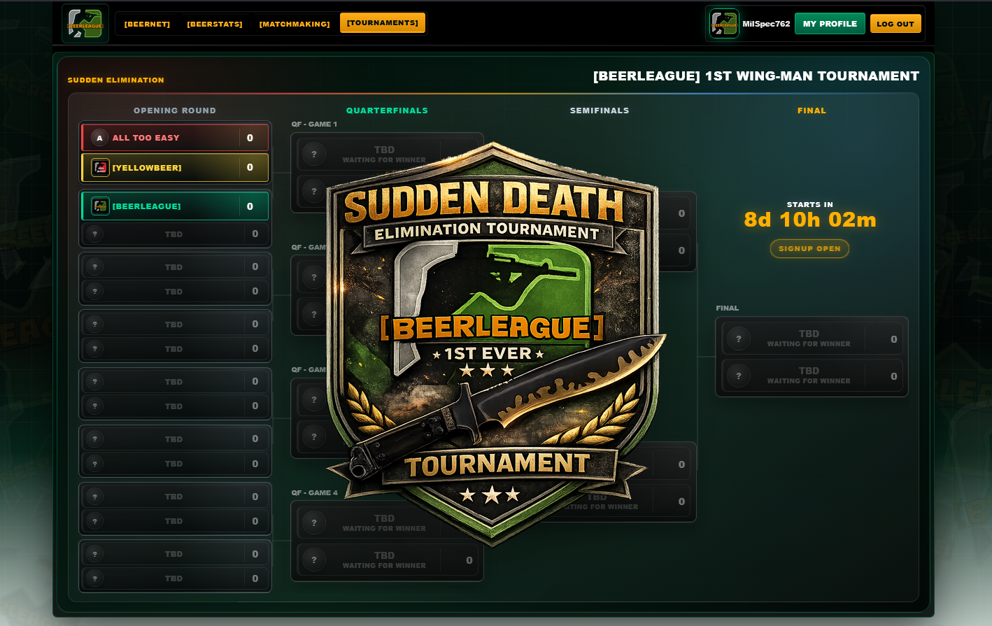 BEERLEAGUE tournament matchmaking bracket system